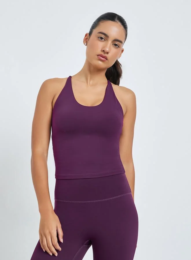 Styli Active Purple Cross Back Strap Longline Sports Bra and Leggings Set