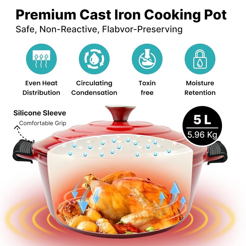 The Better Home The Better Home Rustic Series Cast Iron Dutch Oven 5L Christmas Gifts Enamel Coated Biryani Handi Pot Heavy Bottom Handi With Lid For Cooking Rust Proof Iron Pot Gas Induction Cookware Red  - Image 2