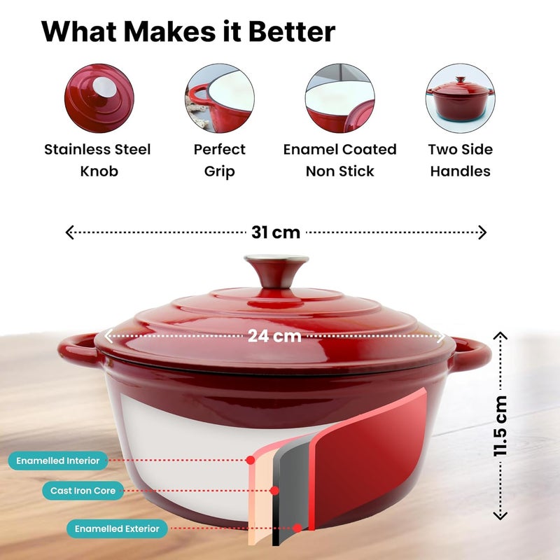 The Better Home The Better Home Rustic Series Cast Iron Dutch Oven 5L Christmas Gifts Enamel Coated Biryani Handi Pot Heavy Bottom Handi With Lid For Cooking Rust Proof Iron Pot Gas Induction Cookware Red  - Image 3
