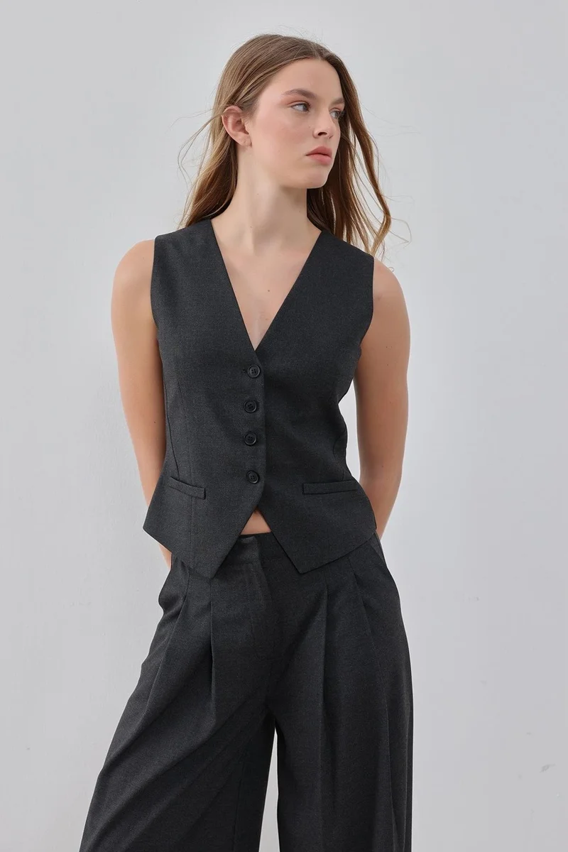 Pieces Of Melon Anthracite V-Neck Dart Detailed Lined Vest