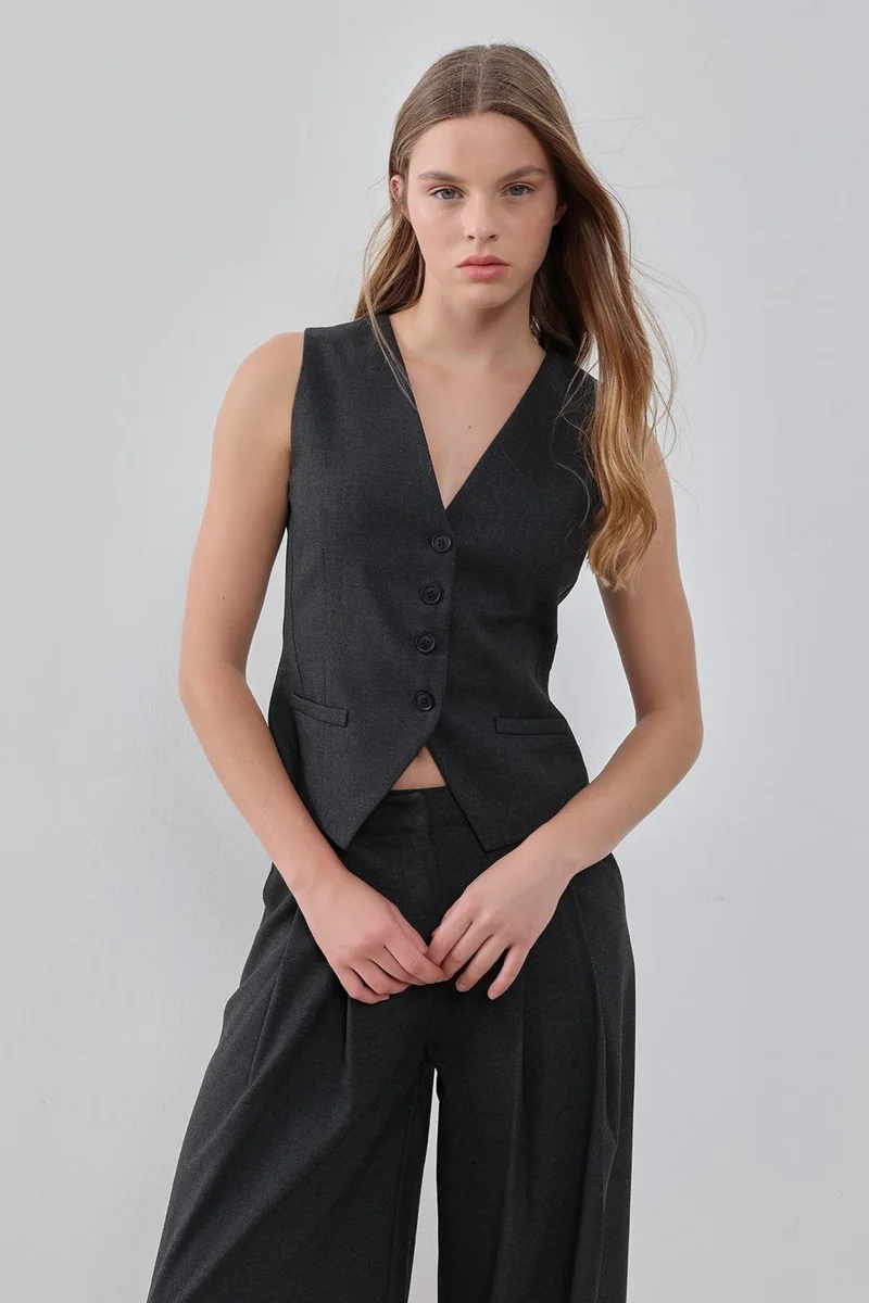 Pieces Of Melon Anthracite V-Neck Dart Detailed Lined Vest