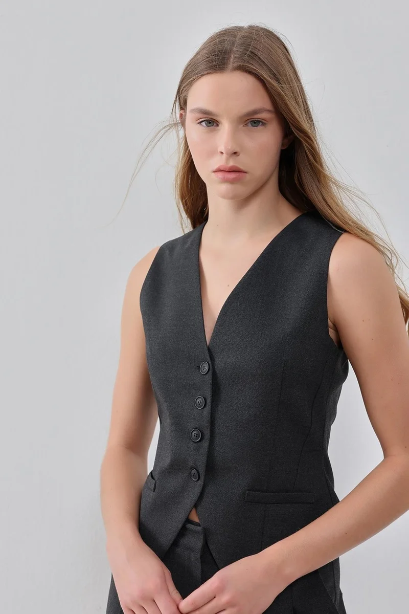 Pieces Of Melon Anthracite V-Neck Dart Detailed Lined Vest