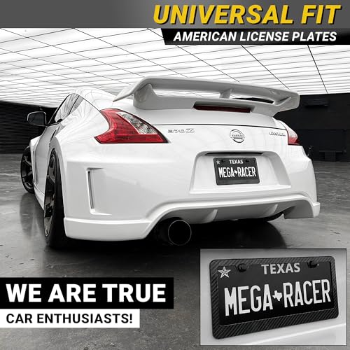 Mega Racer Premium Carbon Fiber Design License Plate Frames – 2 Pack, Rust-Free Stainless Steel, Rattle-Free, Universal with Screw Covers, Slim-Top & Wide-Bottom, Thin Rigid Metal Car Tag Holders, Front & Rear - Image 3