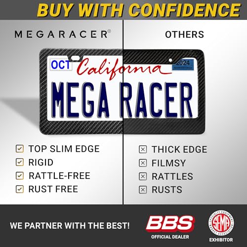 Mega Racer Premium Carbon Fiber Design License Plate Frames – 2 Pack, Rust-Free Stainless Steel, Rattle-Free, Universal with Screw Covers, Slim-Top & Wide-Bottom, Thin Rigid Metal Car Tag Holders, Front & Rear - Image 5