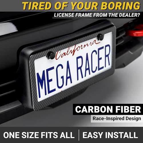 Mega Racer Premium Carbon Fiber Design License Plate Frames – 2 Pack, Rust-Free Stainless Steel, Rattle-Free, Universal with Screw Covers, Slim-Top & Wide-Bottom, Thin Rigid Metal Car Tag Holders, Front & Rear - Image 2