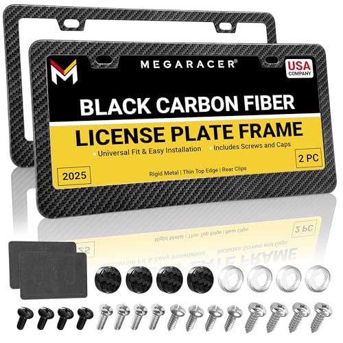 Mega Racer Premium Carbon Fiber Design License Plate Frames – 2 Pack, Rust-Free Stainless Steel, Rattle-Free, Universal with Screw Covers, Slim-Top & Wide-Bottom, Thin Rigid Metal Car Tag Holders, Front & Rear - Image 1