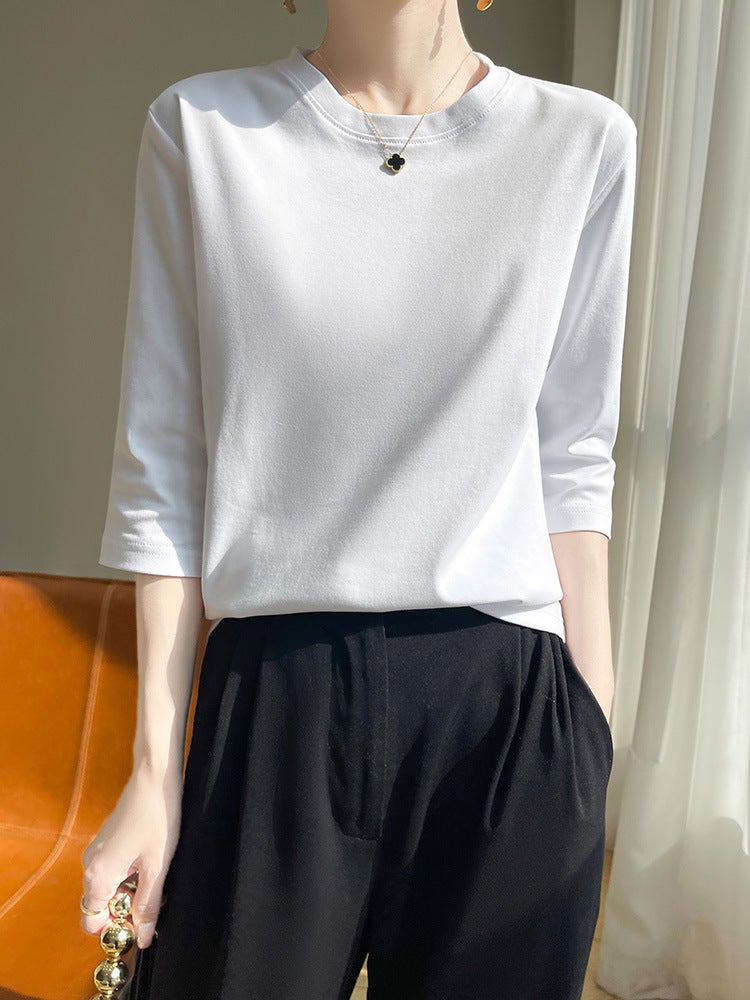 Elegant Mid-Sleeve Top Women'S Seven-Sleeve High-End Positive Shoulder White Combed Cotton Round Neck Short-Sleeved Pure Cotton T-Shirt Trendy - Image 2