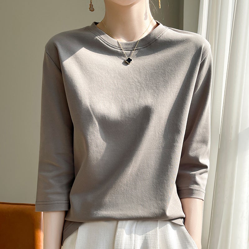 Elegant Mid-Sleeve Top Women'S Seven-Sleeve High-End Positive Shoulder White Combed Cotton Round Neck Short-Sleeved Pure Cotton T-Shirt Trendy - Image 1