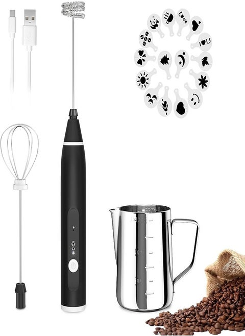 Electric Handheld Milk Frother with 3 Speeds, Rechargeable Mini Coffee Frother and Egg Whisk with USB Charging - Black