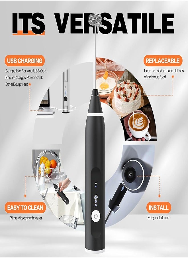 Electric Handheld Milk Frother with 3 Speeds, Rechargeable Mini Coffee Frother and Egg Whisk with USB Charging - Black