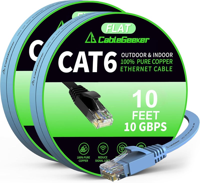 CableGeeker Cat 6 Ethernet Cable 10ft 2-Pack, Indoor&Outdoor, High Speed 10Gbps Internet Network, Pure Copper Flat Ethernet Patch Cable Long, Computer LAN Cable with Clips&Straps for Router,Modem,PS4/5, Blue - Image 1