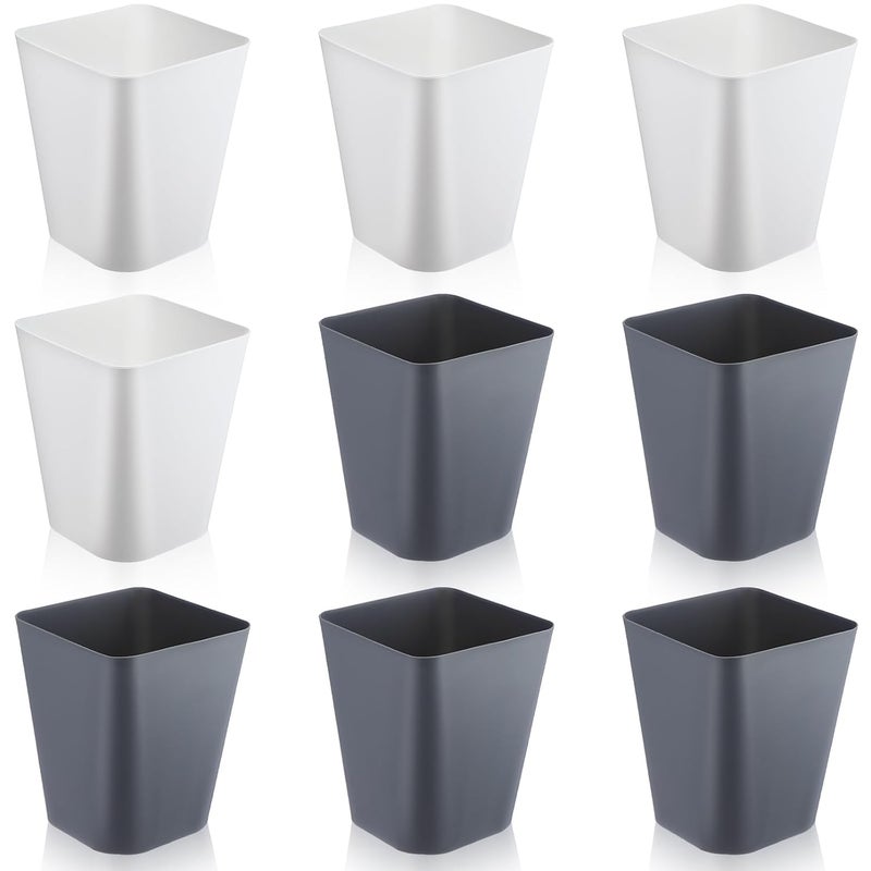 Hoolerry 9 Pieces 2 Gallon Small Trash Cans Bulk Bathroom Trash Bin Plastic Wastebasket Square Garbage Can for Bedroom Slim Bathroom Trashcan Small Container for Kitchen Office Home Rooms (White,Grey) - Image 1