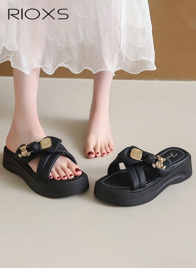 RIOXS Women's Flats, Chunky-Soled Casual Beach Shoes, Non-Slip Breathable Comfortable Lightweight EVA Open-Toe Slippers, Indoor Bathroom Slippers for Home Use, Outdoor Walking, the Pool, Showering, the Garden, the Patio, Travel, and Everyday Wear，Black - Image 3
