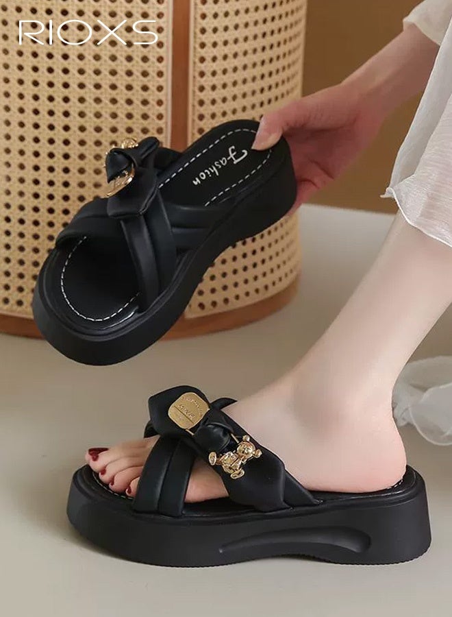 RIOXS Women's Flats, Chunky-Soled Casual Beach Shoes, Non-Slip Breathable Comfortable Lightweight EVA Open-Toe Slippers, Indoor Bathroom Slippers for Home Use, Outdoor Walking, the Pool, Showering, the Garden, the Patio, Travel, and Everyday Wear，Black - Image 2