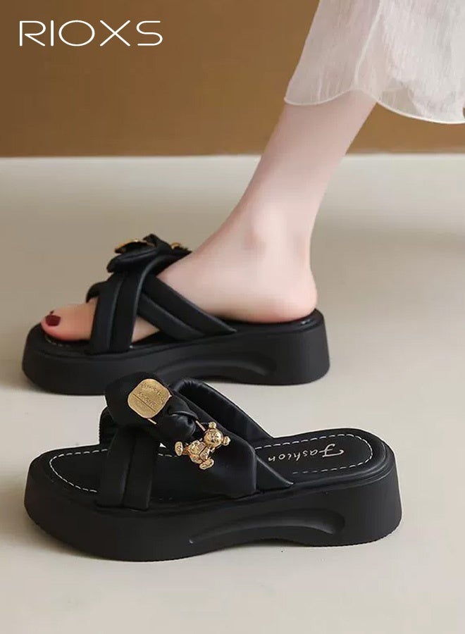 RIOXS Women's Flats, Chunky-Soled Casual Beach Shoes, Non-Slip Breathable Comfortable Lightweight EVA Open-Toe Slippers, Indoor Bathroom Slippers for Home Use, Outdoor Walking, the Pool, Showering, the Garden, the Patio, Travel, and Everyday Wear，Black - Image 1