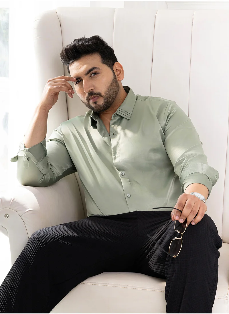 انستافاب بلس Instafab Plus Men's Sage Green Solid Satin Shirt For Casual Wear | Spread Collar | Long Cuffed Sleeves | Button Closure | Plus Size Shirt Crafted With Comfort Fit For Everyday Wear