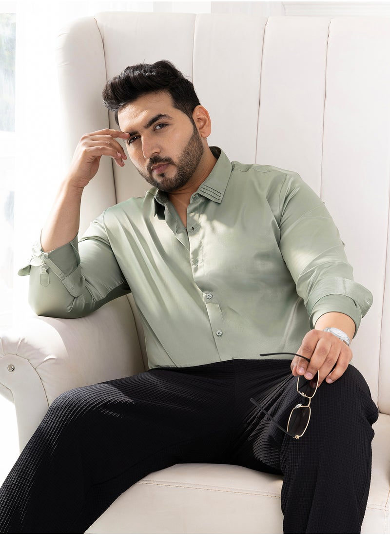 Instafab Plus Instafab Plus Men's Sage Green Solid Satin Shirt For Casual Wear | Spread Collar | Long Cuffed Sleeves | Button Closure | Plus Size Shirt Crafted With Comfort Fit For Everyday Wear  - Image 1