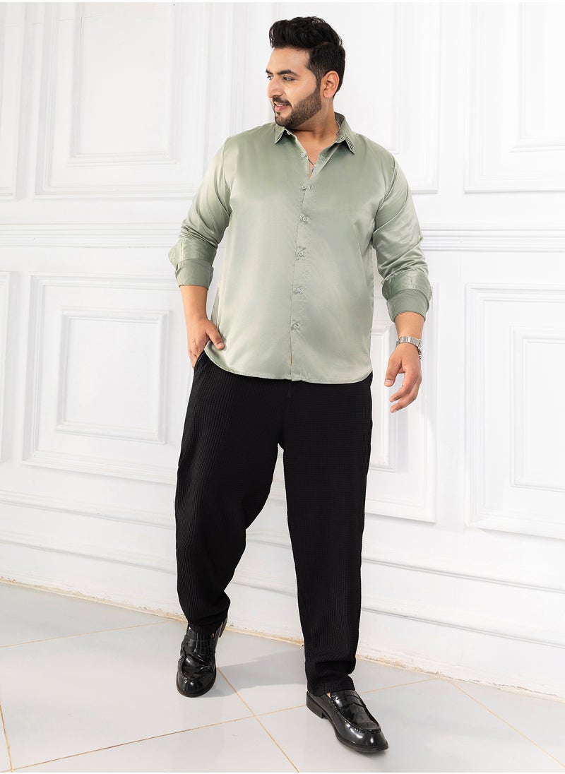 Instafab Plus Instafab Plus Men's Sage Green Solid Satin Shirt For Casual Wear | Spread Collar | Long Cuffed Sleeves | Button Closure | Plus Size Shirt Crafted With Comfort Fit For Everyday Wear  - Image 5