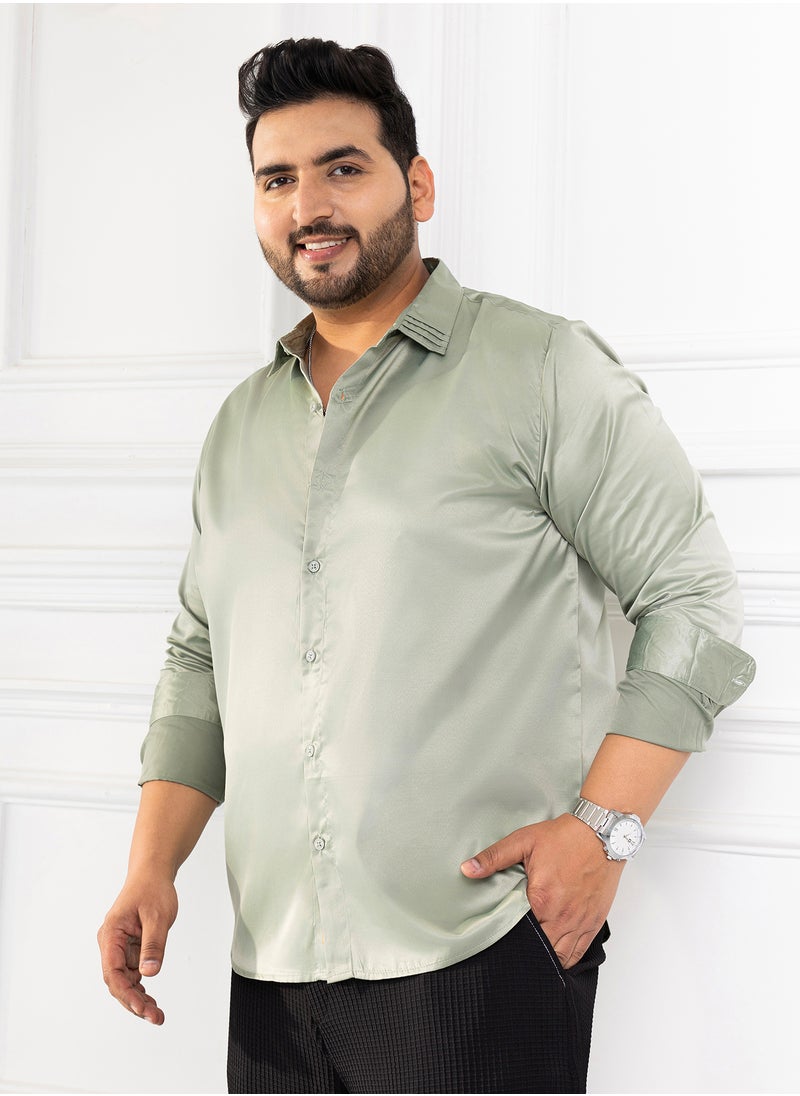Instafab Plus Instafab Plus Men's Sage Green Solid Satin Shirt For Casual Wear | Spread Collar | Long Cuffed Sleeves | Button Closure | Plus Size Shirt Crafted With Comfort Fit For Everyday Wear  - Image 3