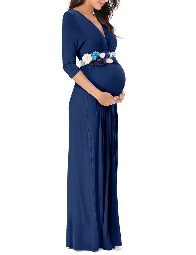 KIM S Maternity Dress Winter Photoshoot Baby Shower Maxi Fall Postpartum Christmas Long Nursing Gender Reveal Cotton 2025 (Navy Blue L) - Image 4