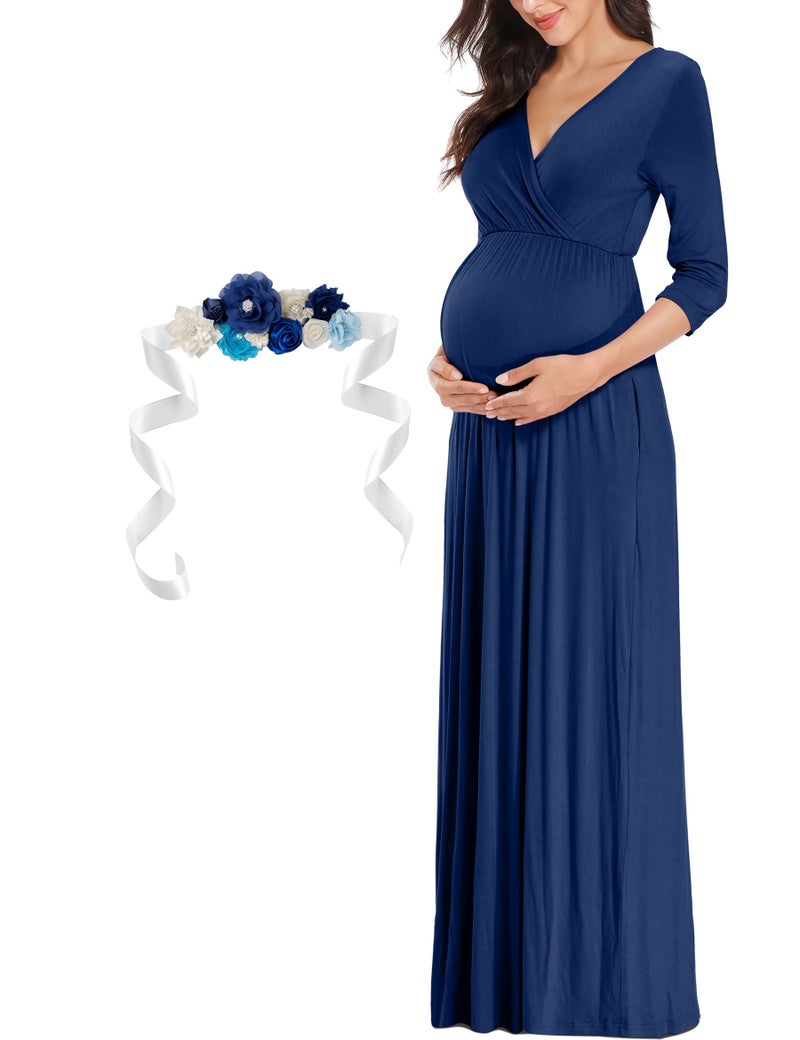 KIM S Maternity Dress Winter Photoshoot Baby Shower Maxi Fall Postpartum Christmas Long Nursing Gender Reveal Cotton 2025 (Navy Blue L) - Image 3