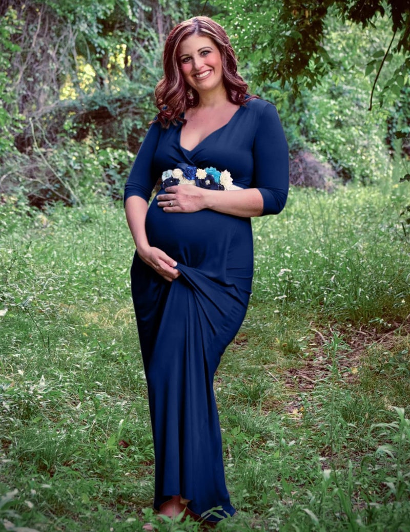 KIM S Maternity Dress Winter Photoshoot Baby Shower Maxi Fall Postpartum Christmas Long Nursing Gender Reveal Cotton 2025 (Navy Blue L) - Image 2