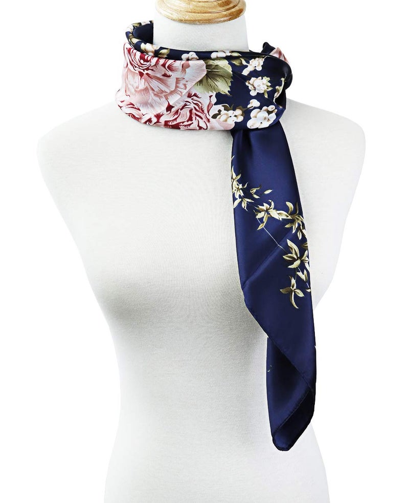 vabovin 35 inches Large Satin Square Silk Feeling Hair Scarf Wrap Headscarf For Women (Navy Blue Peony Flowers) - Image 4