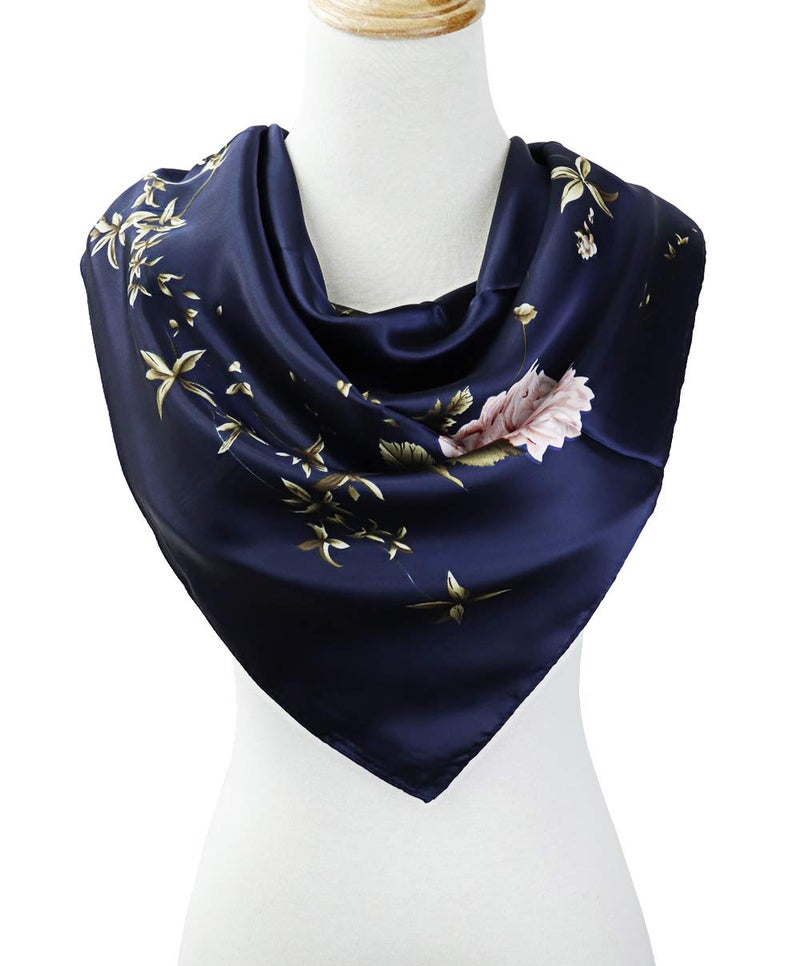 vabovin 35 inches Large Satin Square Silk Feeling Hair Scarf Wrap Headscarf For Women (Navy Blue Peony Flowers) - Image 3