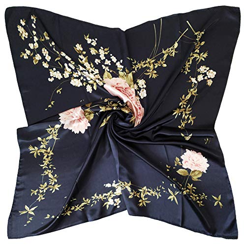 vabovin 35 inches Large Satin Square Silk Feeling Hair Scarf Wrap Headscarf For Women (Navy Blue Peony Flowers) - Image 1