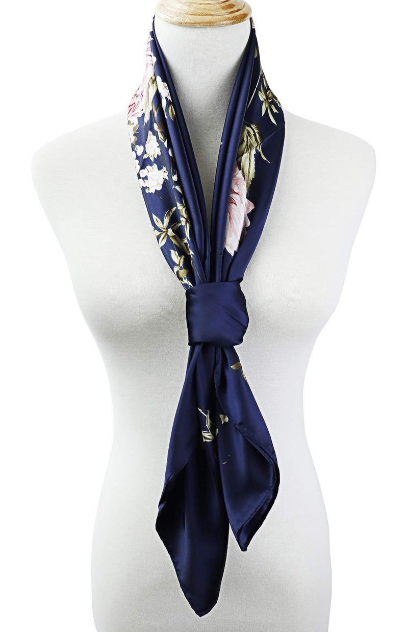 vabovin 35 inches Large Satin Square Silk Feeling Hair Scarf Wrap Headscarf For Women (Navy Blue Peony Flowers) - Image 5