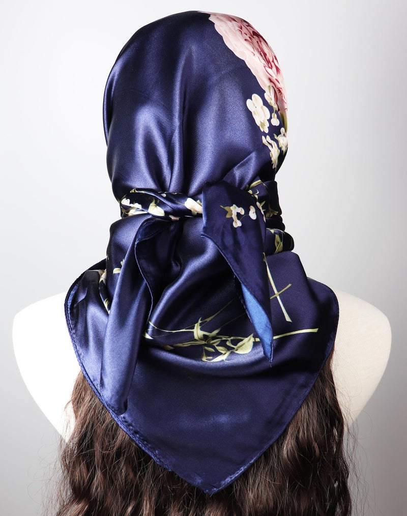 vabovin 35 inches Large Satin Square Silk Feeling Hair Scarf Wrap Headscarf For Women (Navy Blue Peony Flowers) - Image 2