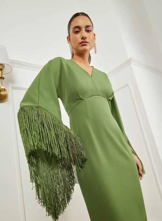Styli Green Fringe Sleeves Sheath Midi Dress