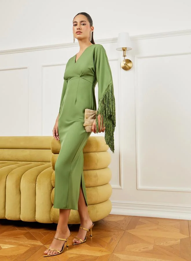 Styli Green Fringe Sleeves Sheath Midi Dress