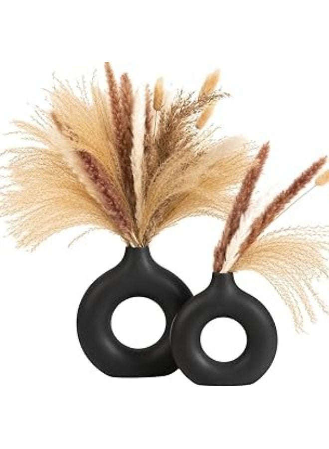Ceramic Shop The Vase Black Ring Vase | Flower Vase | Pampas Grass Vase | Vase | Round Shaped Vase | Home Decor Centrepiece | Decor Showpiece Donut Vase - (Set Of 2) 8 And 6 Inches 