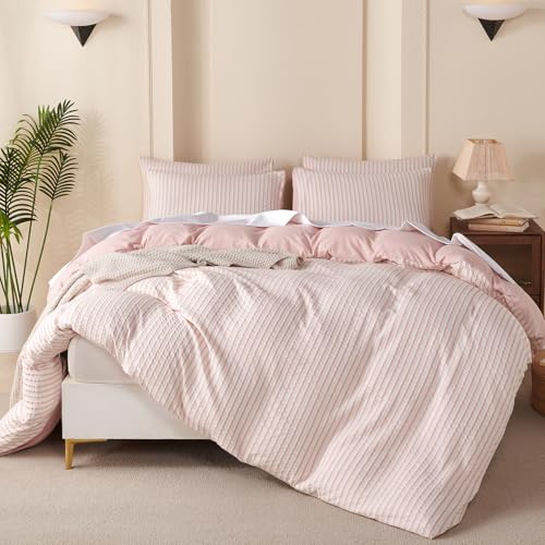 BUPIRD Duvet Cover Set Queen Striped Pink, 100% Washed Microfiber Jacquard 3 Pieces Queen Striped Bedding Sets, with Zipper Closure & Corner Ties, Lightweight Soft Comfort Breathable (No Comforter) - Image 3