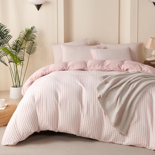 BUPIRD Duvet Cover Set Queen Striped Pink, 100% Washed Microfiber Jacquard 3 Pieces Queen Striped Bedding Sets, with Zipper Closure & Corner Ties, Lightweight Soft Comfort Breathable (No Comforter) - Image 1