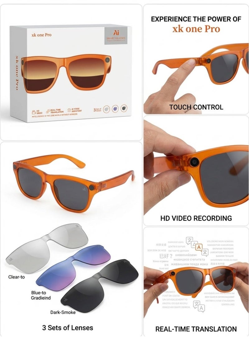 xk one Pro Smart Bluetooth Sunglasses with HD Camera & AI Real-Time Translation – Touch Control Open-Ear Audio Smart Glasses, 3 Sets of Lenses, Transparent Frame - Image 2