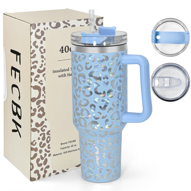 FECBK 40 oz Tumbler with Handle and Straw 100 LeakProof Travel Mug Stainless Steel Double Wall Vacuum Insulated Coffee Cup Keeps Cold For 34 Hours Dishwasher Safe Hawkes Blue Leopard