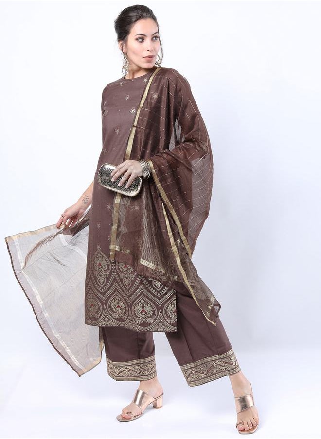 Ketch - Foil Print Straight Kurta  and Palazzo with Dupatta Set by Styli - Image 1