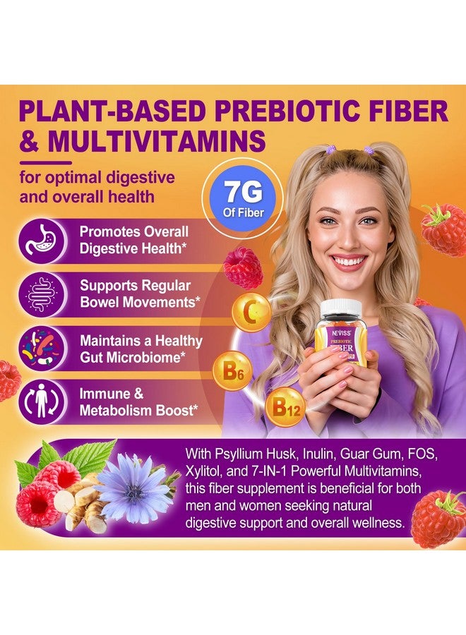 NEVISS Fiber Gummies with Probiotics for Adults, 7G Soluble Fi ber + Insoluble Fi ber, Sugar Free with Psyllium Husk, Inulin, Fos, Multivitamins for Daily Digestive Health, Regularity Gut Support, Pack of 2 - Image 5