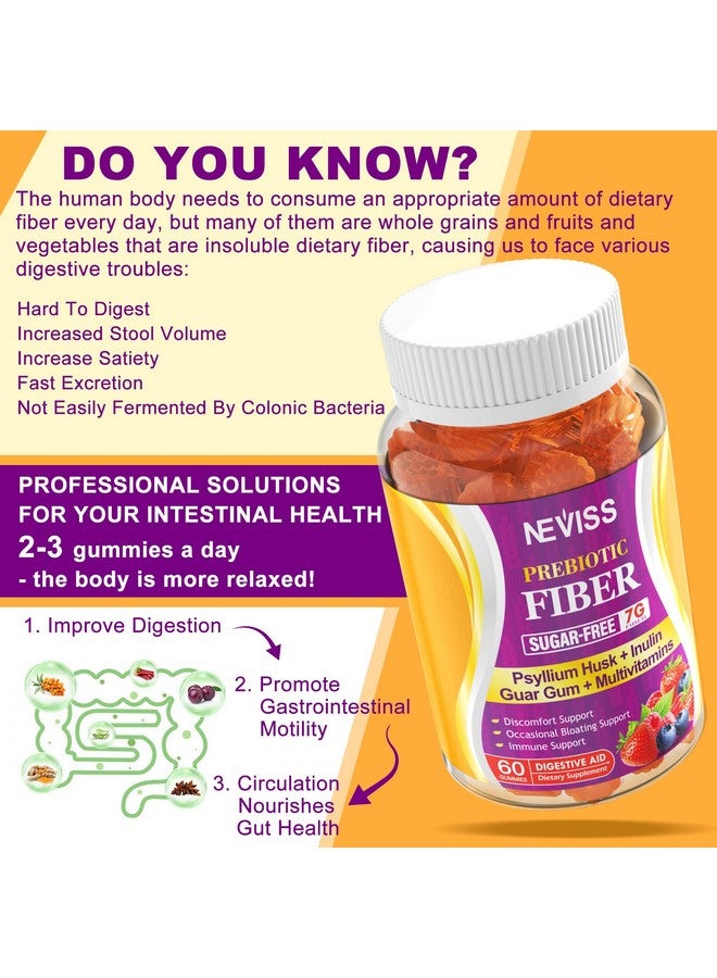 NEVISS Fiber Gummies with Probiotics for Adults, 7G Soluble Fi ber + Insoluble Fi ber, Sugar Free with Psyllium Husk, Inulin, Fos, Multivitamins for Daily Digestive Health, Regularity Gut Support, Pack of 2 - Image 3