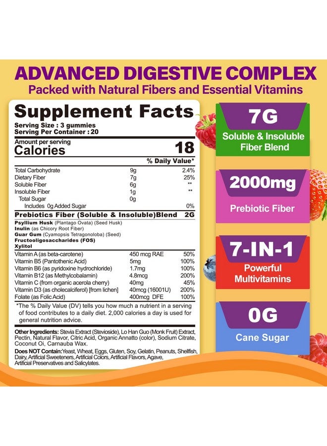 NEVISS Fiber Gummies with Probiotics for Adults, 7G Soluble Fi ber + Insoluble Fi ber, Sugar Free with Psyllium Husk, Inulin, Fos, Multivitamins for Daily Digestive Health, Regularity Gut Support, Pack of 2 - Image 2