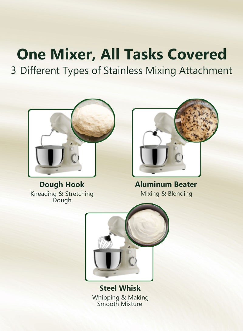 porodo Tilt-Head Electric Household Stand Mixer / Bowl Capacity 2L Stainless Steel / 3 Attachment Head / Steel Whisk / Flat Beater / Dough Hook / Rated Power 400W / 10 Speed Settings - White - Image 5