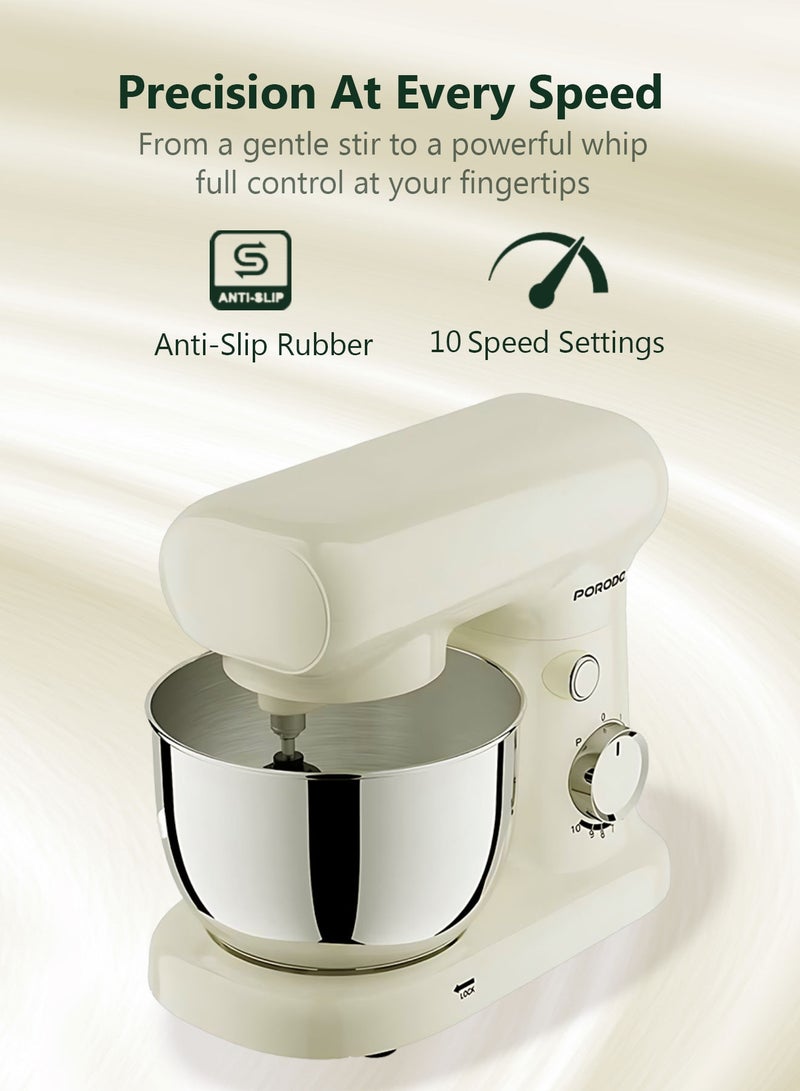 porodo Tilt-Head Electric Household Stand Mixer / Bowl Capacity 2L Stainless Steel / 3 Attachment Head / Steel Whisk / Flat Beater / Dough Hook / Rated Power 400W / 10 Speed Settings - White - Image 2