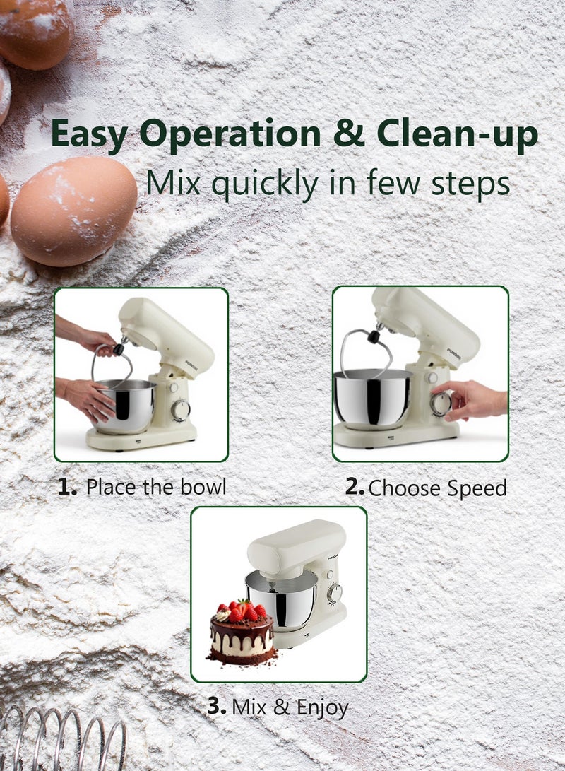 porodo Tilt-Head Electric Household Stand Mixer / Bowl Capacity 2L Stainless Steel / 3 Attachment Head / Steel Whisk / Flat Beater / Dough Hook / Rated Power 400W / 10 Speed Settings - White - Image 3
