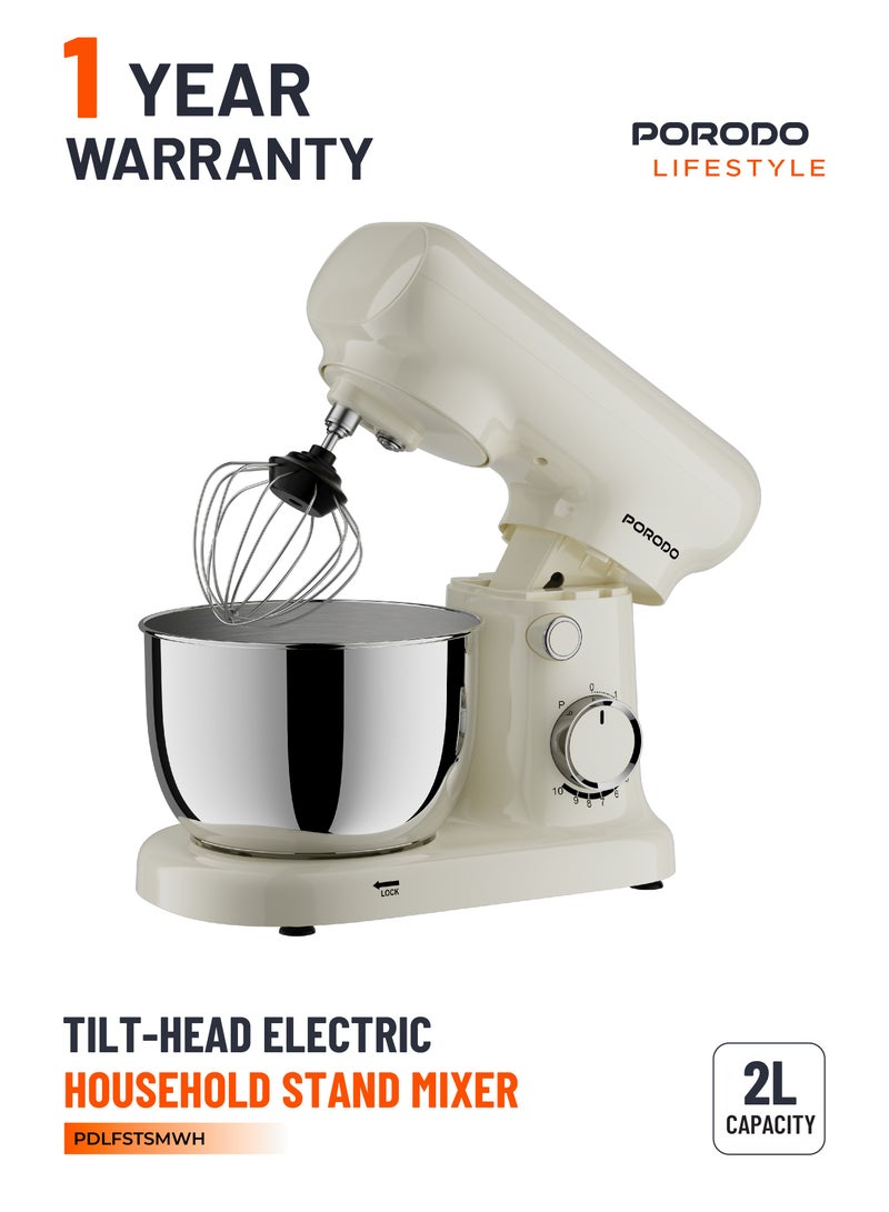 porodo Tilt-Head Electric Household Stand Mixer / Bowl Capacity 2L Stainless Steel / 3 Attachment Head / Steel Whisk / Flat Beater / Dough Hook / Rated Power 400W / 10 Speed Settings - White - Image 1