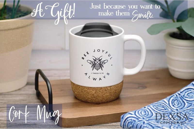 Dexsa Ceramic Designer Coffee Mug  Bee joyful always I Thess 516  Holds 14 ounces  Cork Bottom with Lid  Great for Coffee Tea Soups Hot Chocolate - Image 3