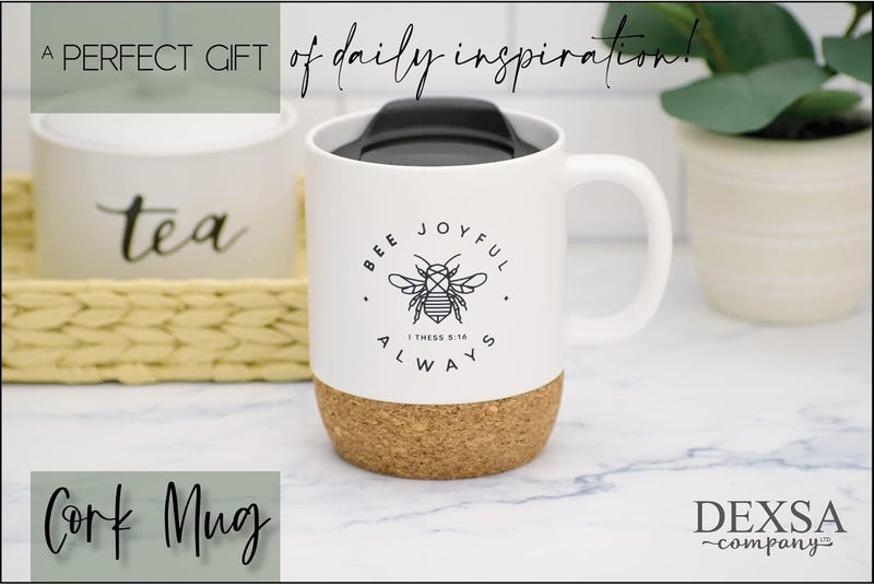 Dexsa Ceramic Designer Coffee Mug  Bee joyful always I Thess 516  Holds 14 ounces  Cork Bottom with Lid  Great for Coffee Tea Soups Hot Chocolate - Image 4