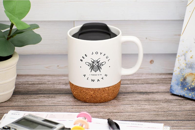 Dexsa Ceramic Designer Coffee Mug  Bee joyful always I Thess 516  Holds 14 ounces  Cork Bottom with Lid  Great for Coffee Tea Soups Hot Chocolate - Image 2