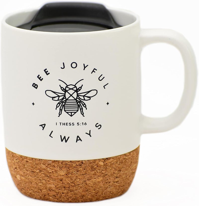 Dexsa Ceramic Designer Coffee Mug  Bee joyful always I Thess 516  Holds 14 ounces  Cork Bottom with Lid  Great for Coffee Tea Soups Hot Chocolate - Image 1